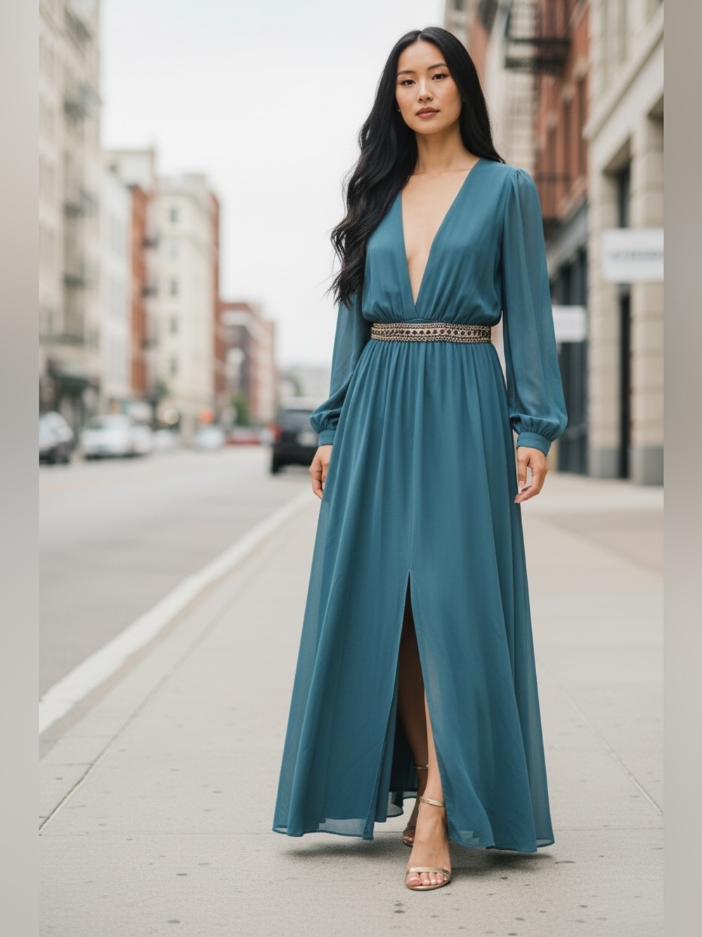 Bebe flowy Teal Deep-V Long Sleeve Maxi jumpsuit romper dress  Sz 4 S